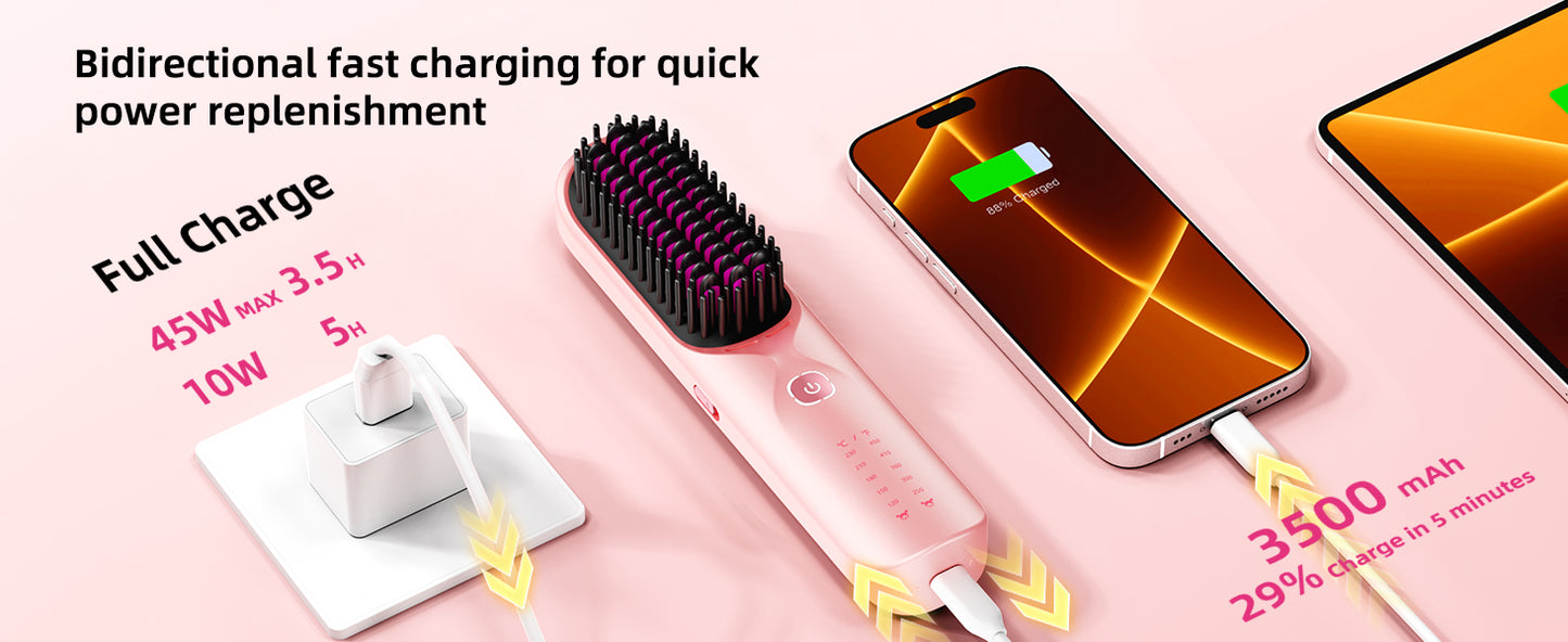 Brosse à lisser sans fil 450 ° Peigne à lisser sans fil, température réglable 30s, chauffage rapide, 10000mAh, pour adultes et enfants