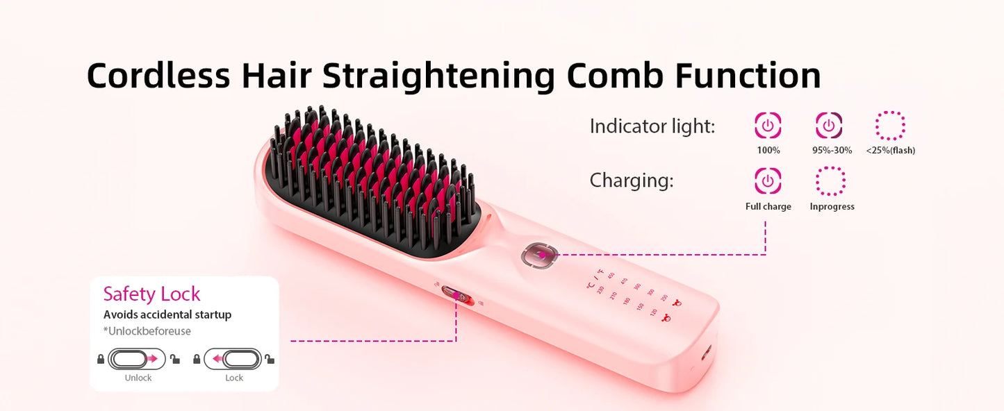 Brosse à lisser sans fil 450 ° Peigne à lisser sans fil, température réglable 30s, chauffage rapide, 10000mAh, pour adultes et enfants