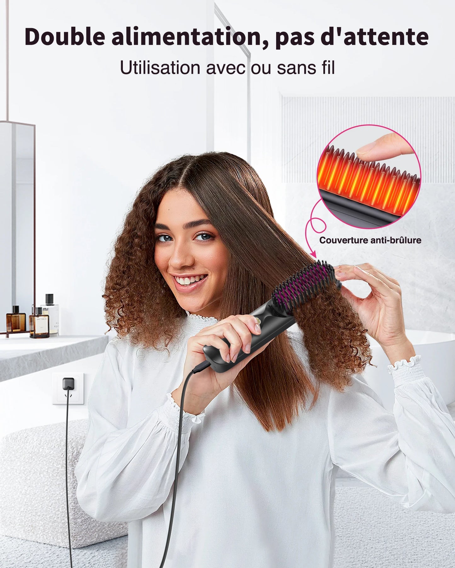 Brosse à lisser sans fil 450 ° Peigne à lisser sans fil, température réglable 30s, chauffage rapide, 10000mAh, pour adultes et enfants