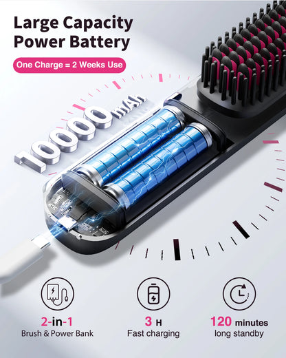 Brosse à lisser sans fil 450 ° Peigne à lisser sans fil, température réglable 30s, chauffage rapide, 10000mAh, pour adultes et enfants