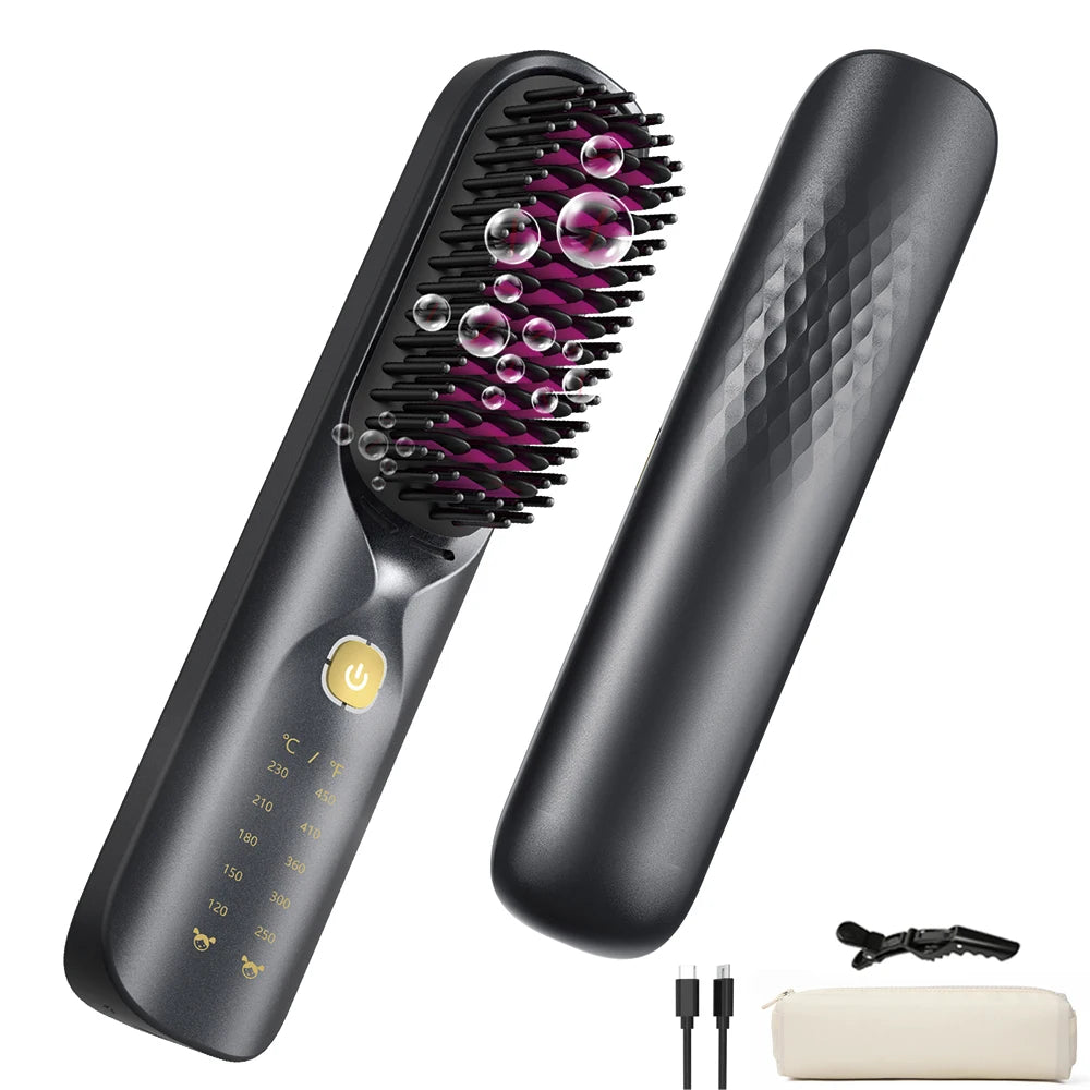 Brosse à lisser sans fil 450 ° Peigne à lisser sans fil, température réglable 30s, chauffage rapide, 10000mAh, pour adultes et enfants
