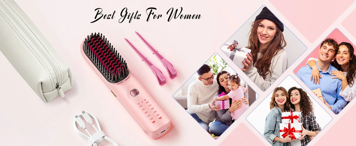 Brosse à lisser sans fil 450 ° Peigne à lisser sans fil, température réglable 30s, chauffage rapide, 10000mAh, pour adultes et enfants